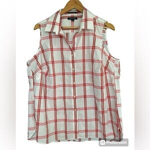 Lands End Women’s cotton sleeveless white pink plaid Button Down Top Size 16W